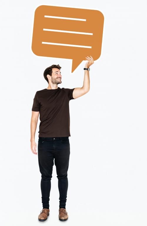 Cheerful man holding a blank speech bubble symbol - 477653