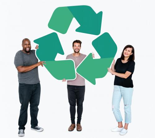 People holding a green recycle symbol - 477860