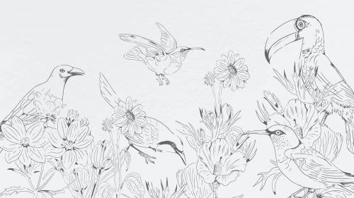 Hand drawn birds and flowers pattern on white background vector - 2042034