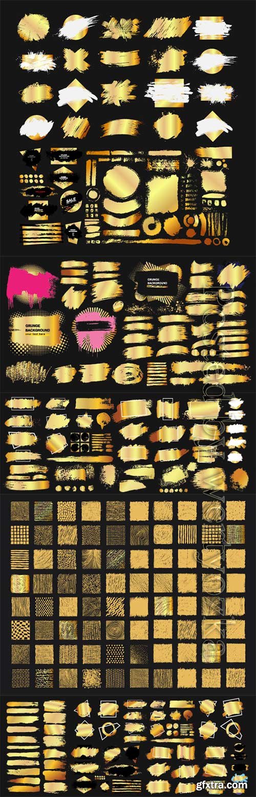 Set of golden grunge hand drawn rough box torn shapes