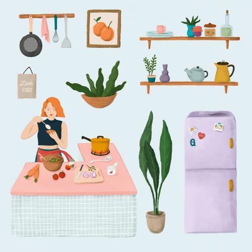 Daily routine life of a girl cooking in a kitchen and home stuffs sticker vector - 2045618