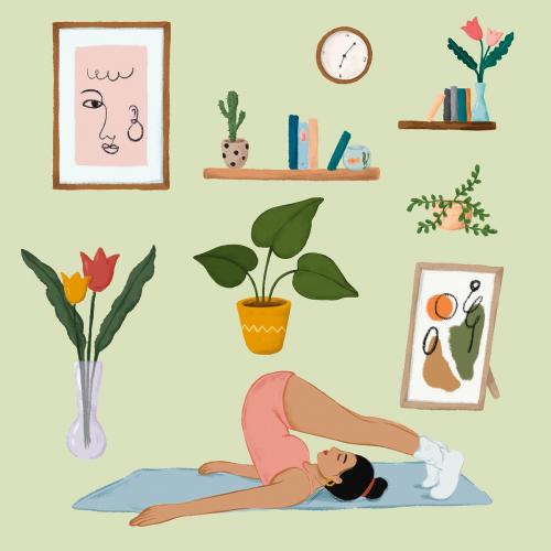 Daily routine life of a girl doing a Halasana yoga pose and home stuffs sticker vector - 2045623