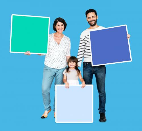 Happy family holding empty square boards - 490277