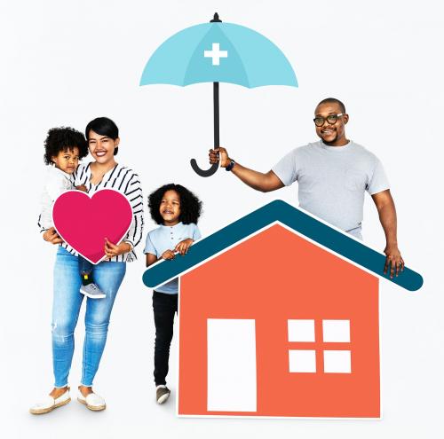 Happy family with house insurance - 490289