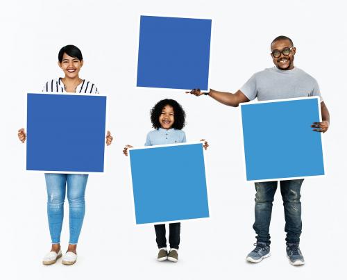 Family holding blue square boards - 490321