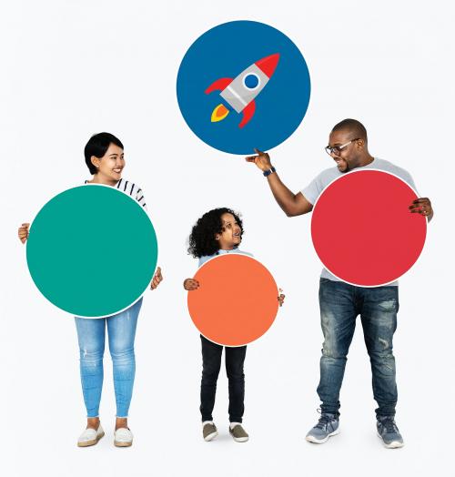 Happy family holding round colorful boards - 490350