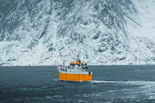 Fishing boat at Norwegian Sea at Lofoten island, Norway - 2255023