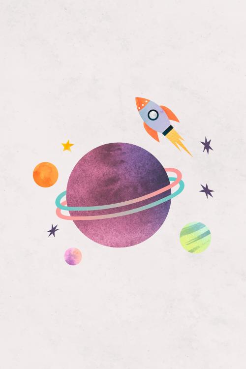 Colorful galaxy watercolor doodle with a rocket on pastel background vector - 1230088