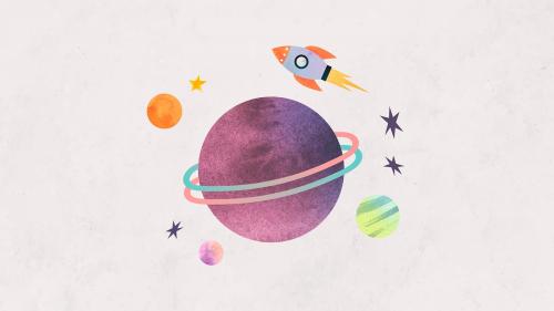 Colorful galaxy watercolor doodle with a rocket on pastel background vector - 1230101