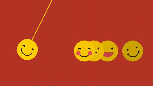 Round yellow emoticon in happy moods swing isolated on red background vector - 1230259