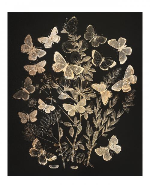 Butterflies and moths fluttering over flowers vintage illustration wall art print and poster design remix from original artwork. - 2270086