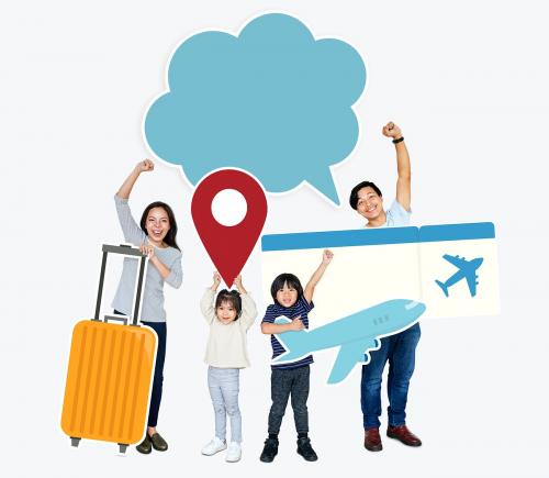 Cheerful family holding travel icons and ticket - 490607