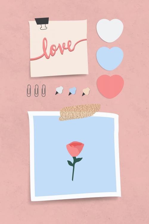 Set of love theme notepaper with pins and clips on pink textured background vector - 1233189