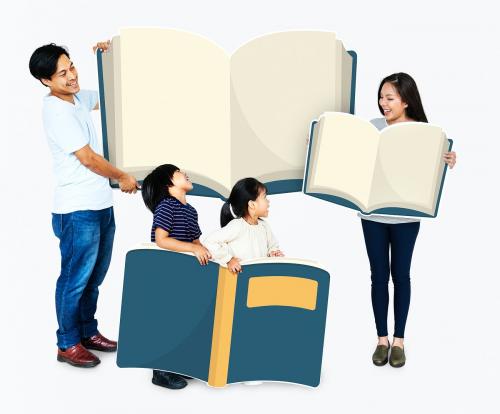 Happy family holding up books - 490788