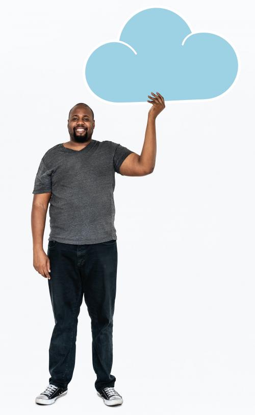 Cheerful man holding a blue cloud symbol - 477432