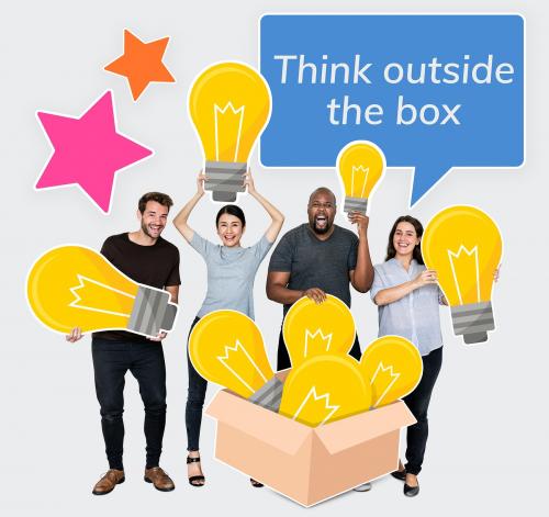 Think outside the box people with light bulb symbols - 477443