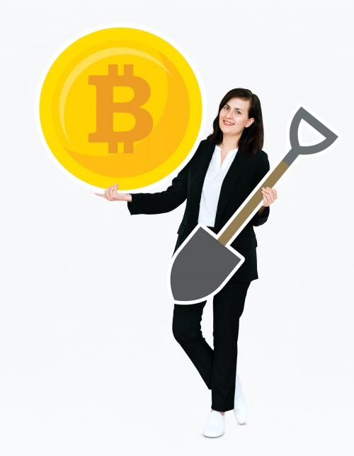 Businesswoman holding bitcoin cryptocurrency and mining concept icons - 477451