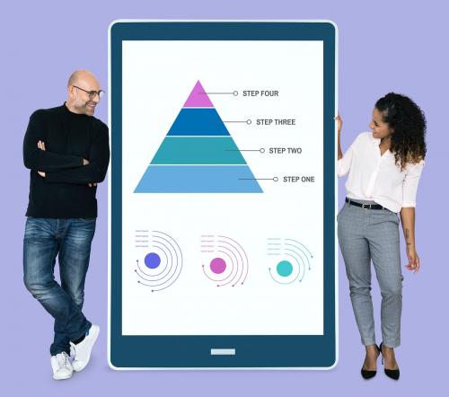 Diverse people showing a pyramid graph on a tablet - 475529