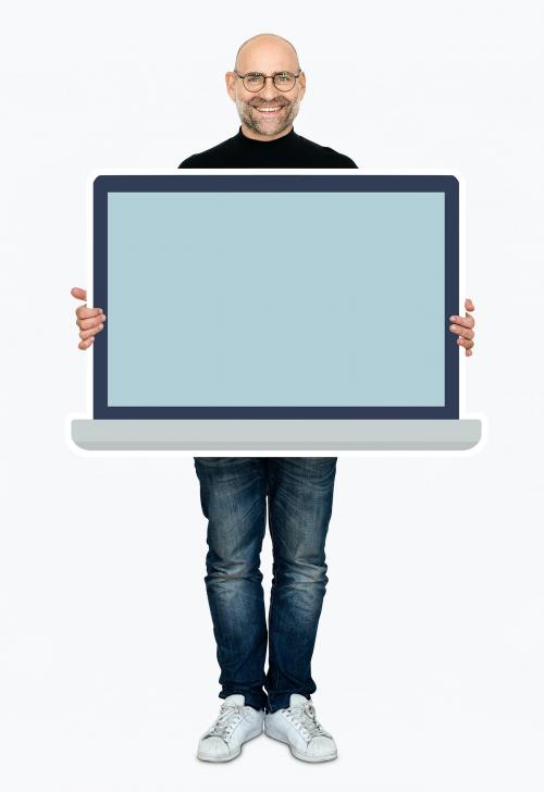 Happy man holding an empty laptop screen - 475575