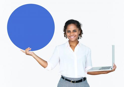 Happy woman carrying a laptop and a round board - 475600