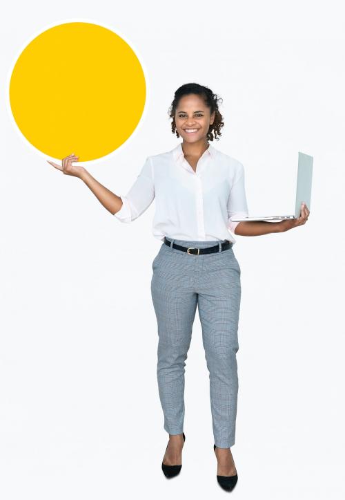 Cheerful woman carrying a laptop and holding a board - 475614