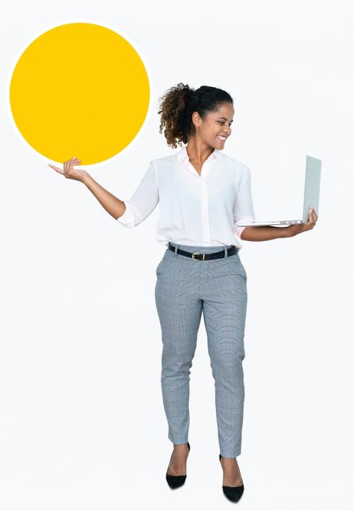 Cheerful woman carrying a laptop and holding a board - 475625