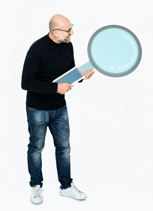 Cheerful man holding a magnifier icon - 475666