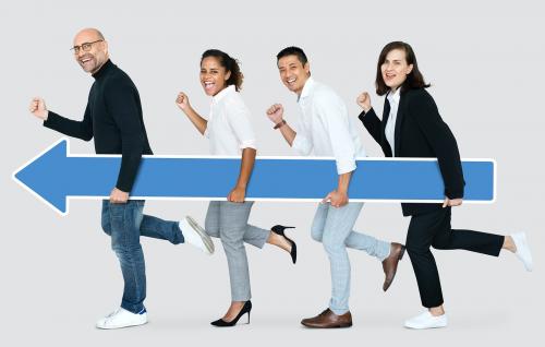 Diverse business people holding a blue arrow - 475714