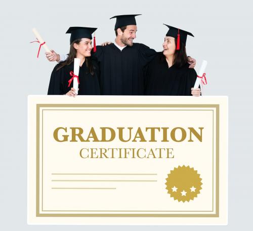 Group of grads in cap and gown with graduation certificate - 477207