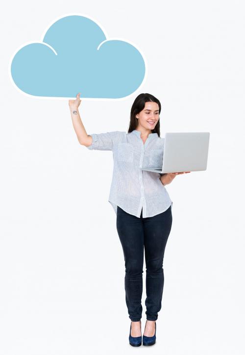 Cheerful woman using laptop and holding cloud storage icon - 477216