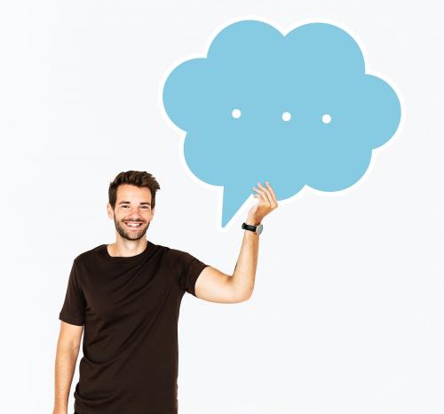 Cheerful man holding a blank speech bubble symbol - 477257