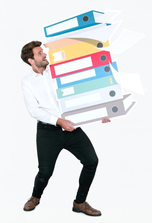 Young businessman carrying a stack of binders - 477266