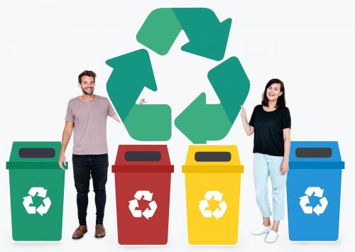 Couple with a recycle symbol and trash bins - 477282