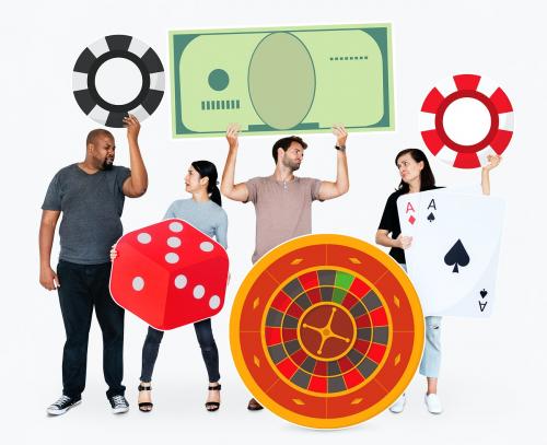 Disappointed diverse people holding casino icons - 477285