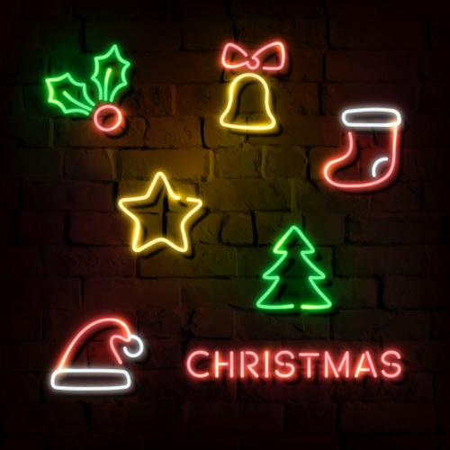 Stars, Santa hat, stocking, pine tree Christmas bell and holly berries neon sign on a dark brick wall vector - 1229918
