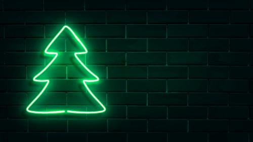 Christmas tree neon sign on a dark brick wall vector - 1229922