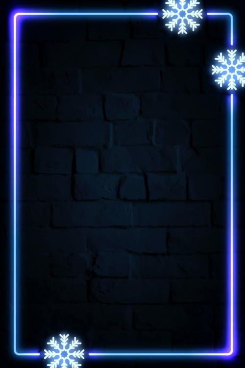 Rectangle neon frame design with snowflakes on a dark brick wall vector - 1229924