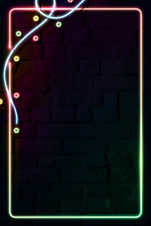 Rectangle colorful neon frame on a dark brick wall vector - 1229932