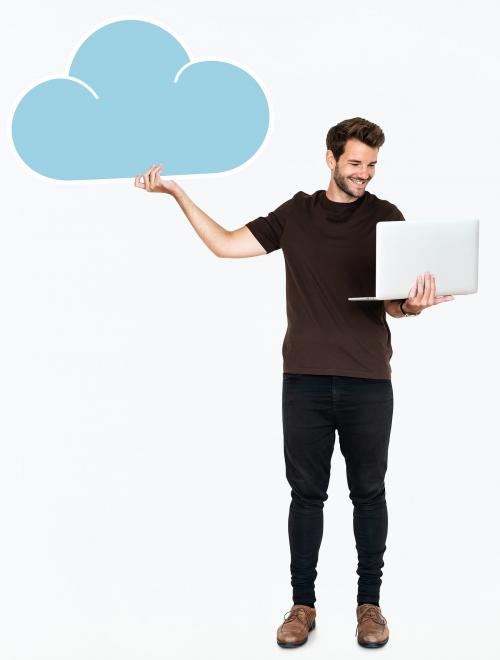 Cheerful man using a laptop and cloud computing concept icon - 477311