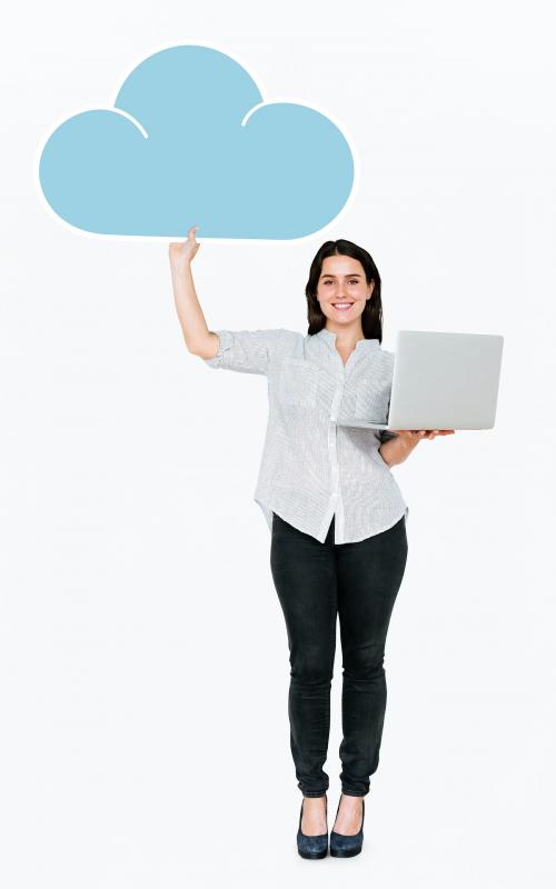 Cheerful woman using laptop and holding cloud storage icon - 477323