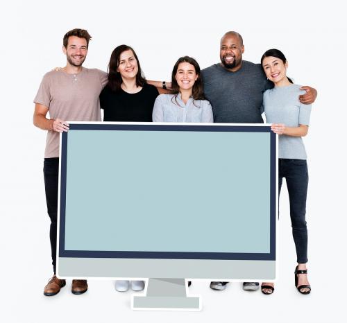 Diverse people with a blank computer screen mockup - 477327