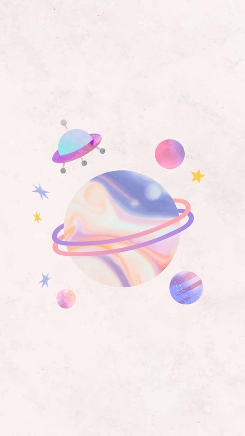 Colorful galaxy watercolor doodle with an UFO on pastel background mobile phone wallpaper vector - 1230068