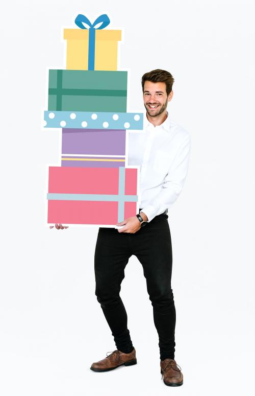 Happy man carrying a stack of presents - 477331