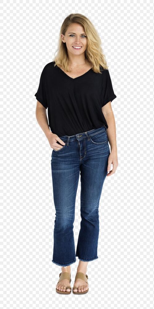 Happy woman in a black t-shirt transparent png - 1232547