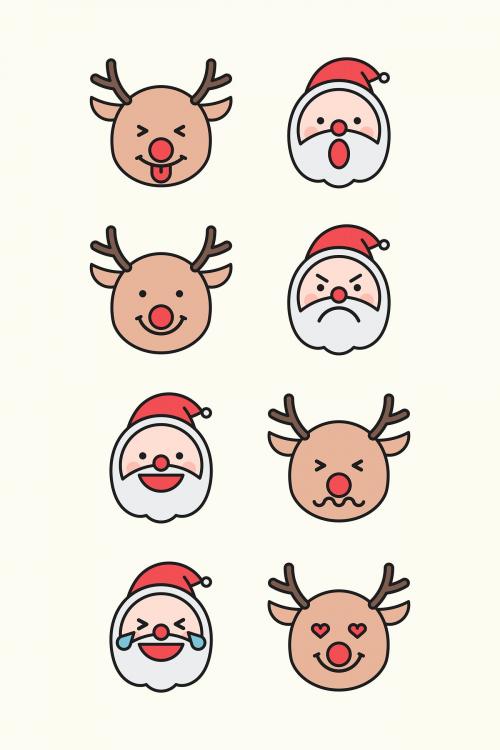 Santa and Rudolph reindeer emoticon set isolated on beige background vector - 1230330