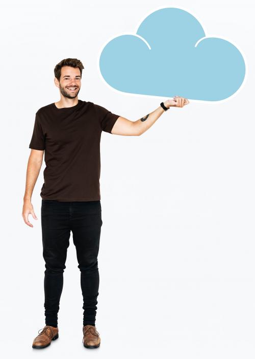 Cheerful man holding a blue cloud symbol - 477373