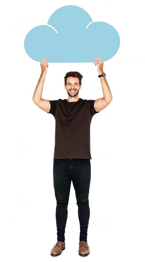 Cheerful man holding a blue cloud symbol - 477374