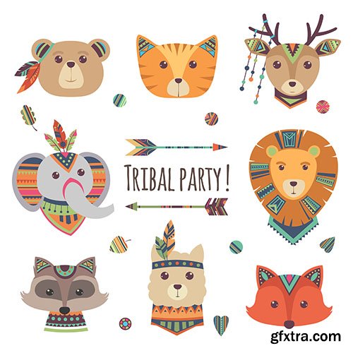 Cartoon tribal animal heads isolated on white background