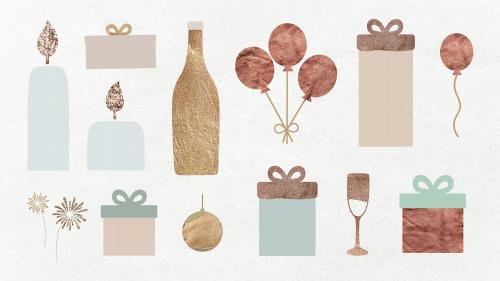 New Year pillar candles, wine bottle, gift boxes, balloons, wine glass, gold ball and fireworks doodle on textured background vector - 1233644