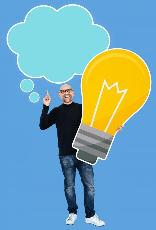 Man with a light bulb icon and a speech bubble - 475072